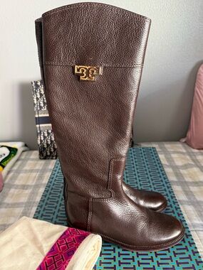 Tory Burch Dark Brown Leather Knee-High Riding Boots with Gold Logo